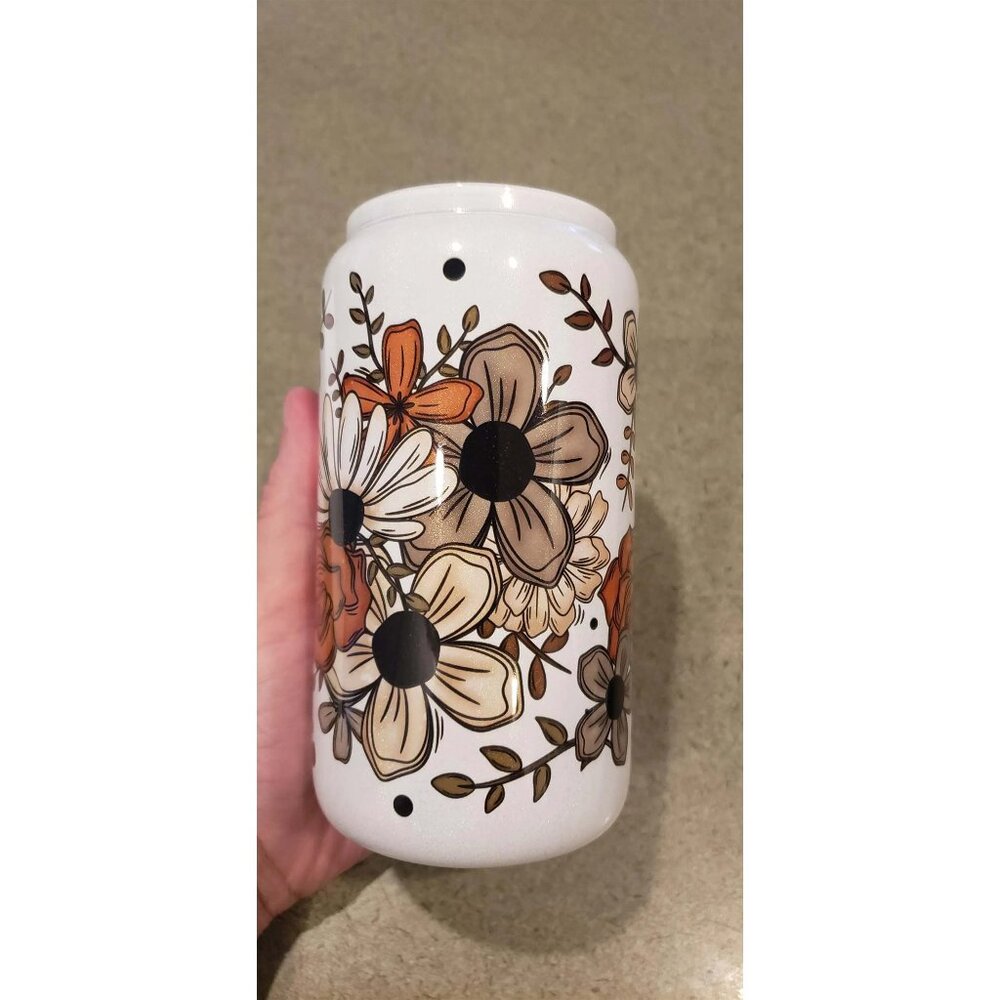Boho florals shimmer 16ox glass can